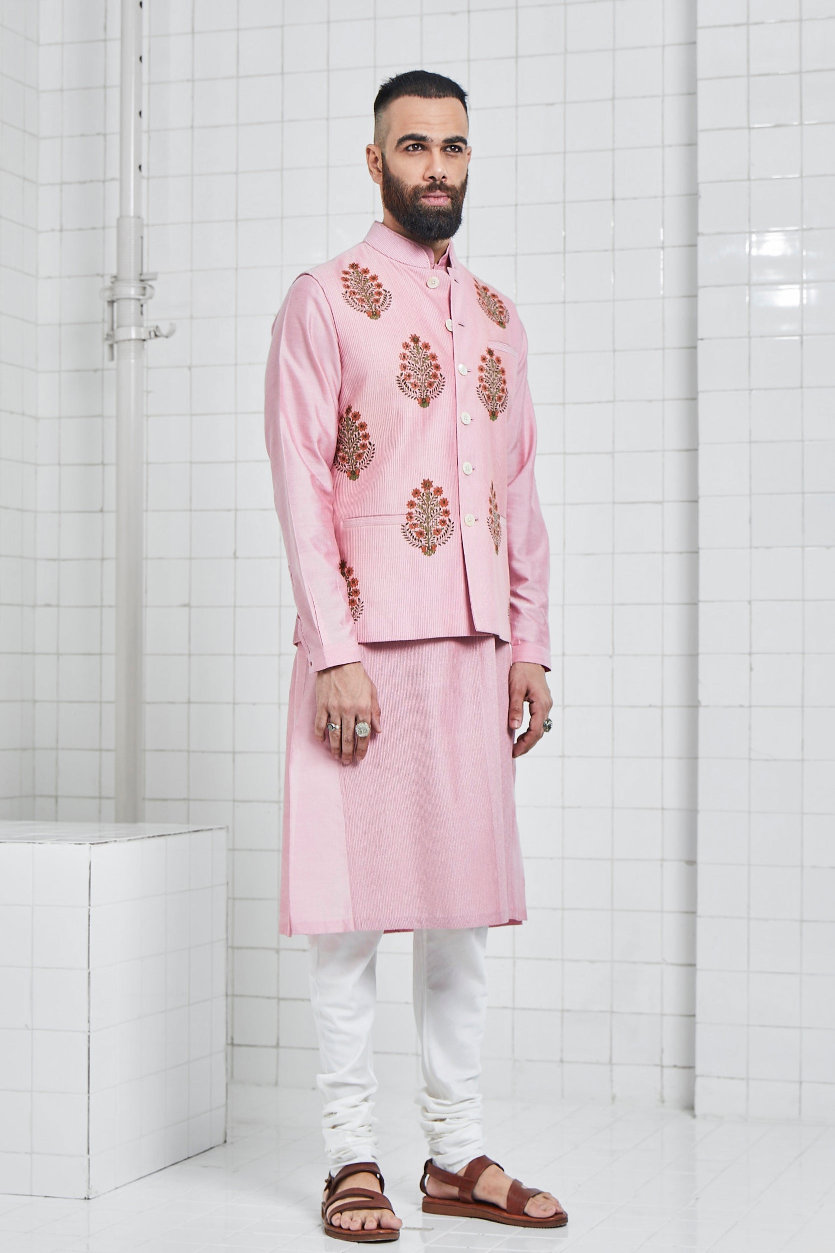 Bhoon pintuck Waistcoat with Hand Block Flower Motif Design