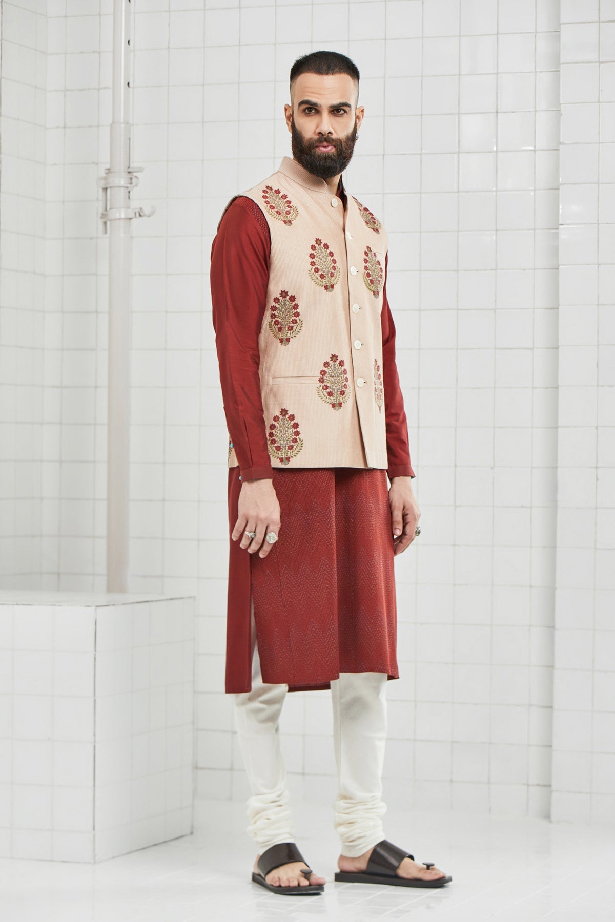 Bhoon pintuck Waistcoat with Hand Block Flower Motif Design