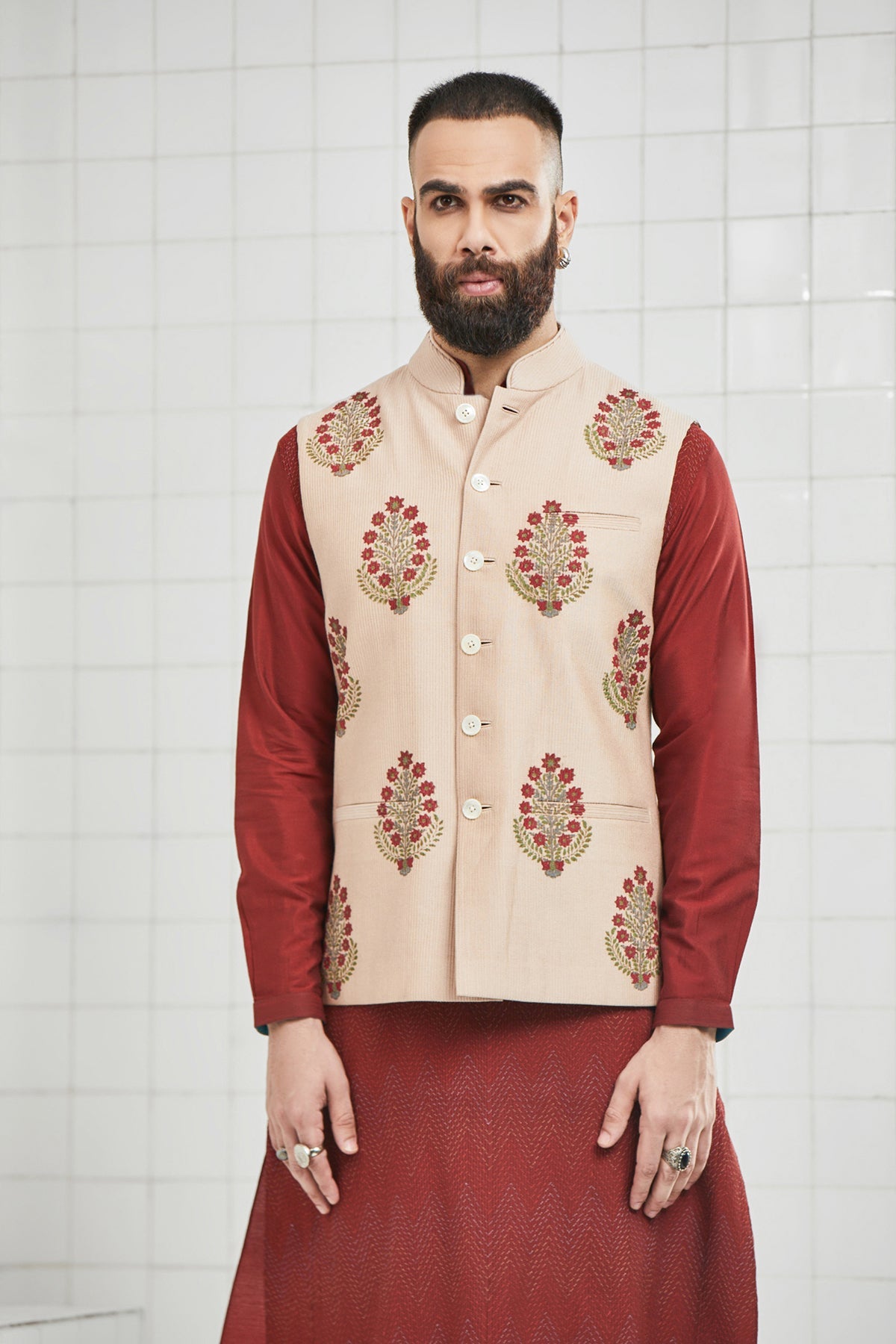 Bhoon pintuck Waistcoat with Hand Block Flower Motif Design