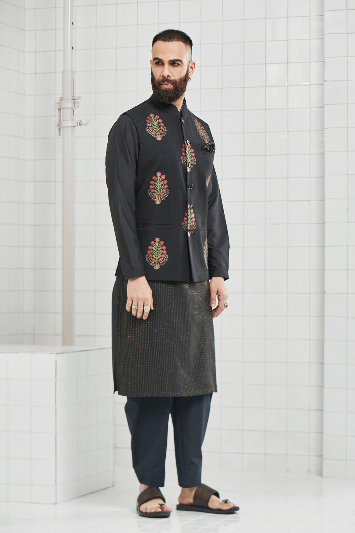 Bhoon pintuck Waistcoat with Hand Block Flower Motif Design