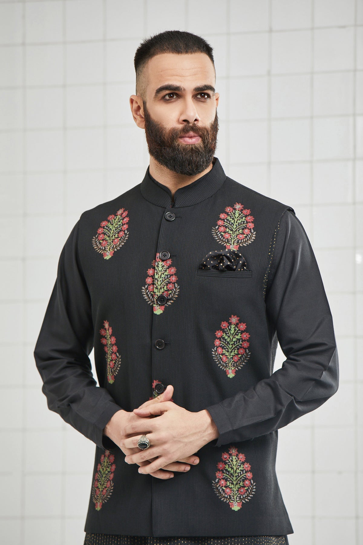 Bhoon pintuck Waistcoat with Hand Block Flower Motif Design