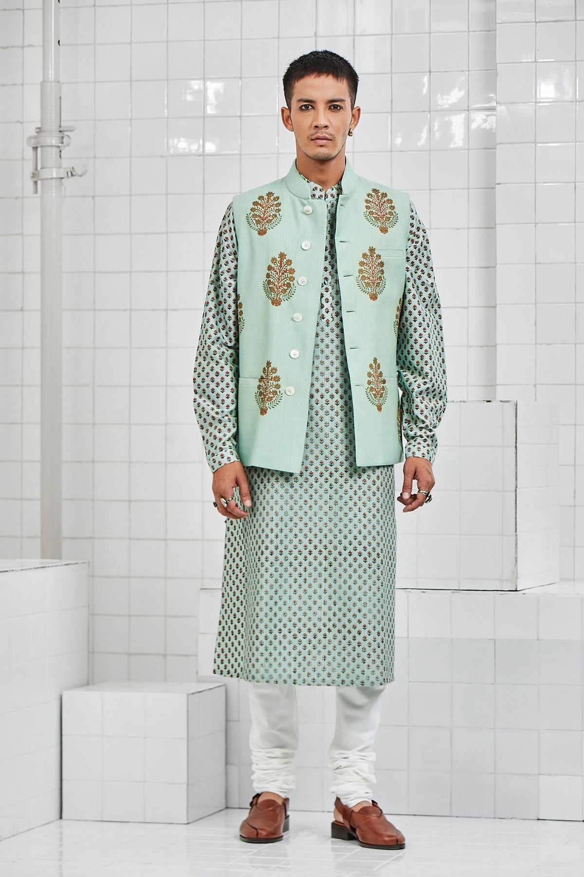 Bhoon pintuck Waistcoat with Hand Block Flower Motif Design