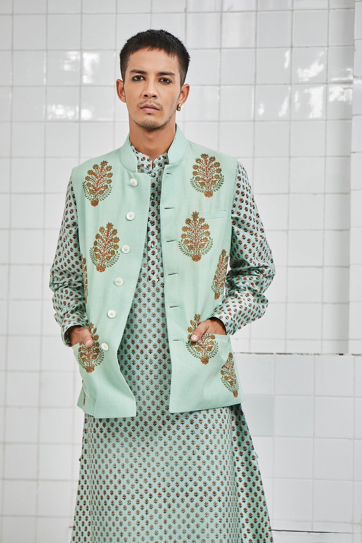 Bhoon pintuck Waistcoat with Hand Block Flower Motif Design