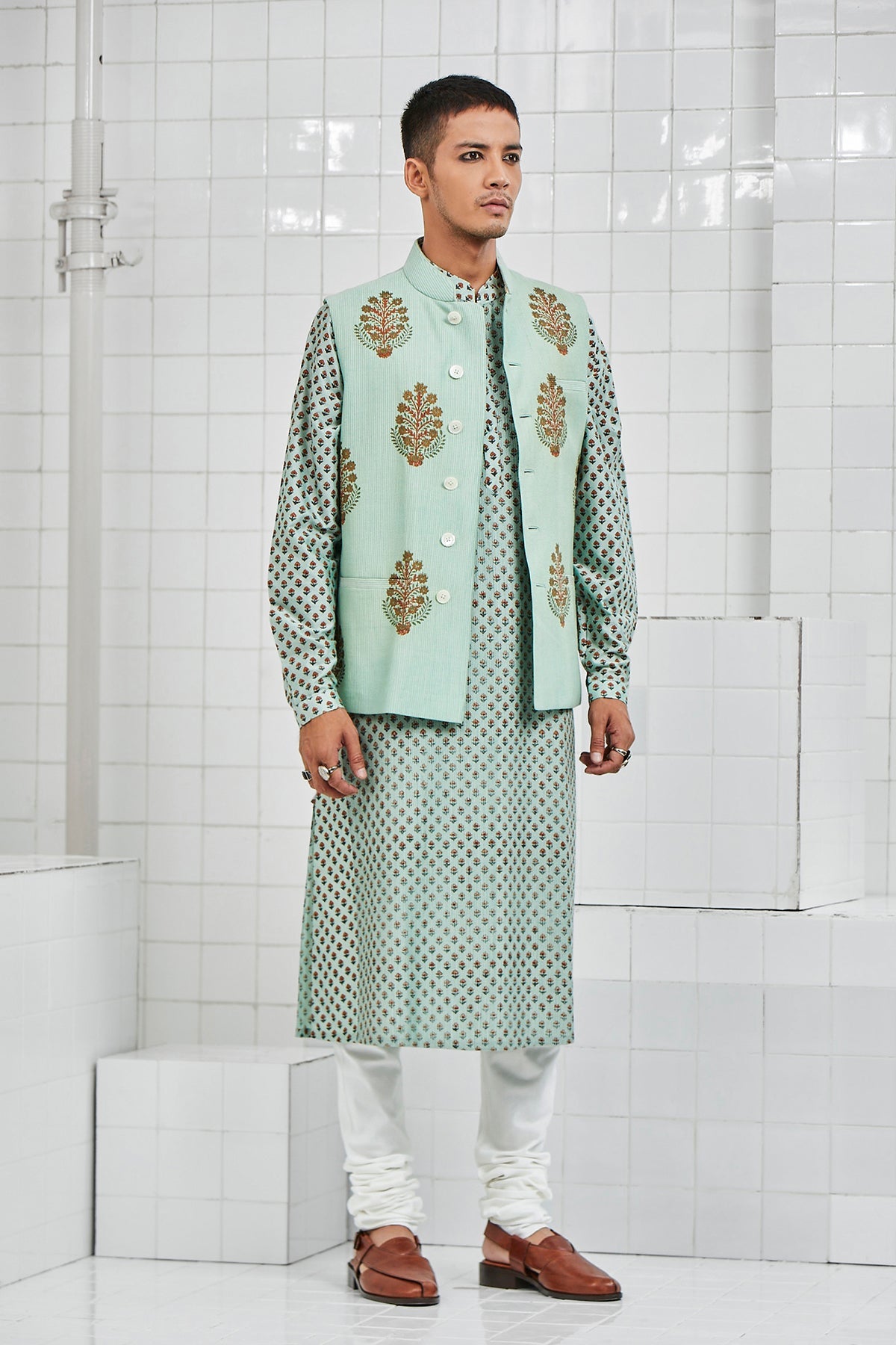 Bhoon pintuck Waistcoat with Hand Block Flower Motif Design