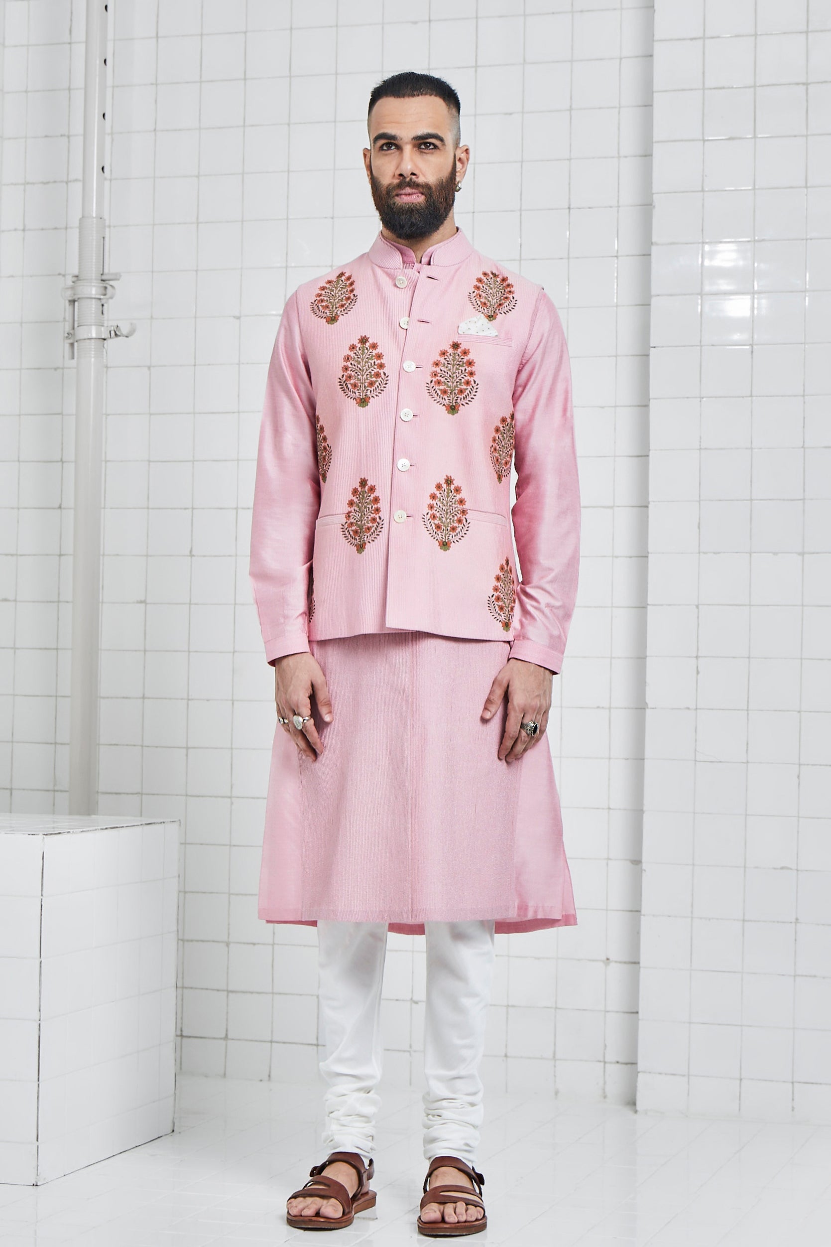 Bhoon pintuck Waistcoat with Hand Block Flower Motif Design