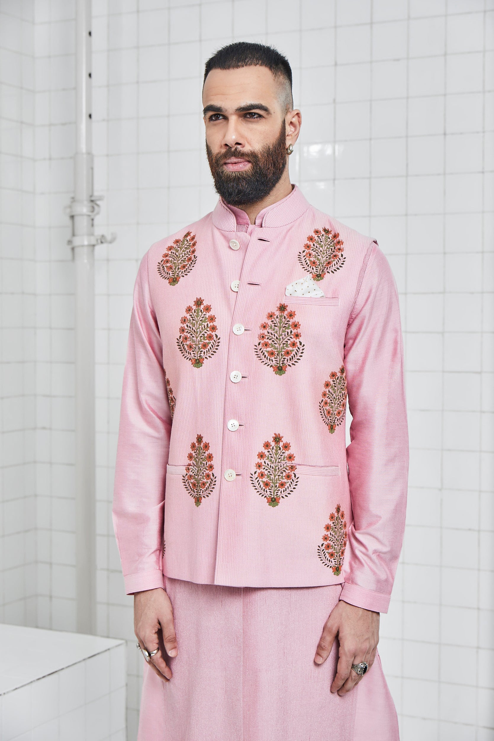 Bhoon pintuck Waistcoat with Hand Block Flower Motif Design