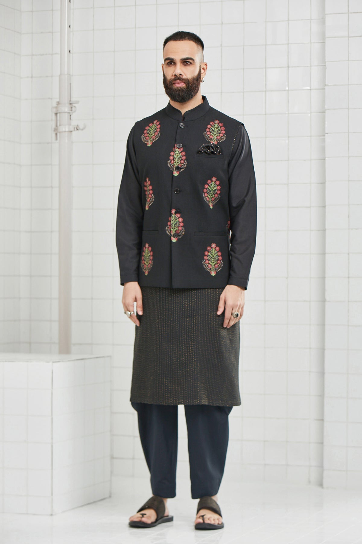 Bhoon pintuck Waistcoat with Hand Block Flower Motif Design