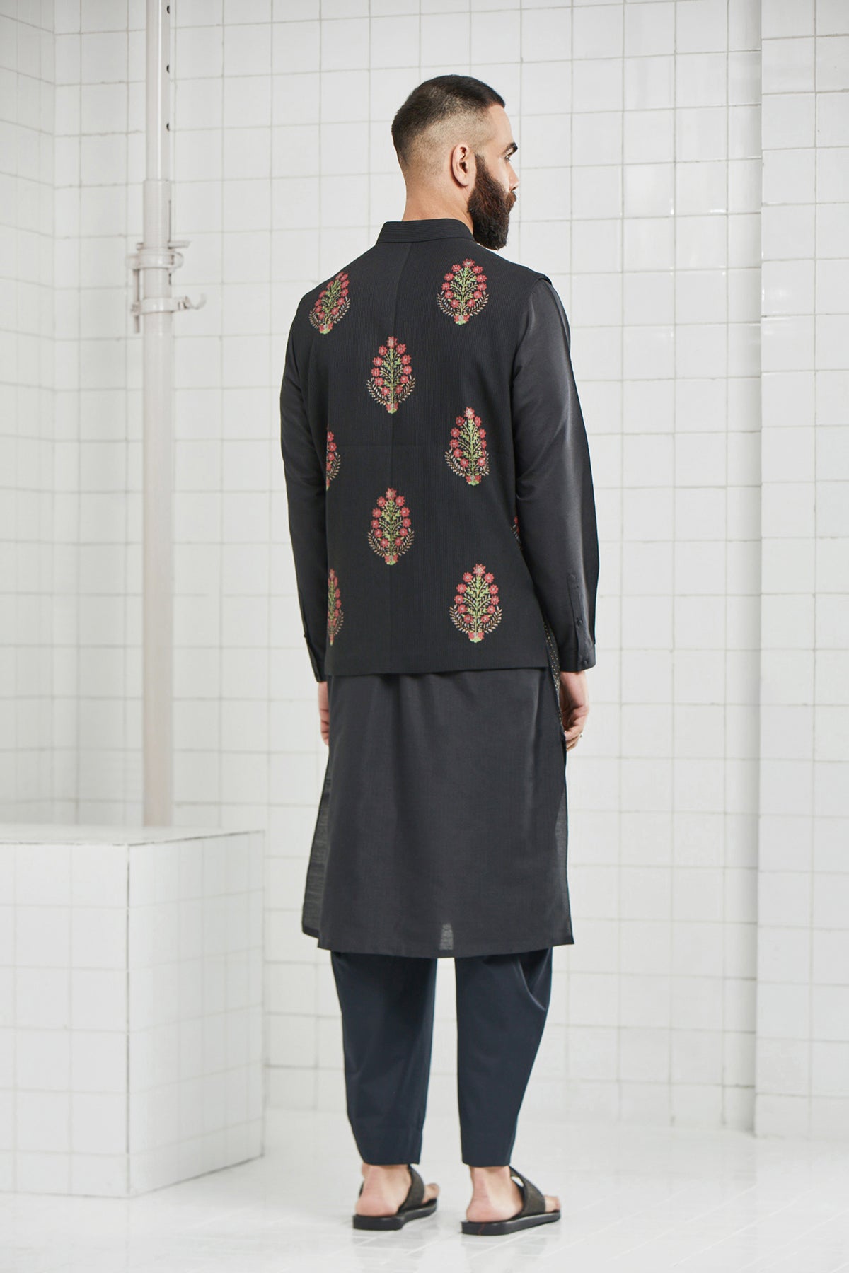 Bhoon pintuck Waistcoat with Hand Block Flower Motif Design