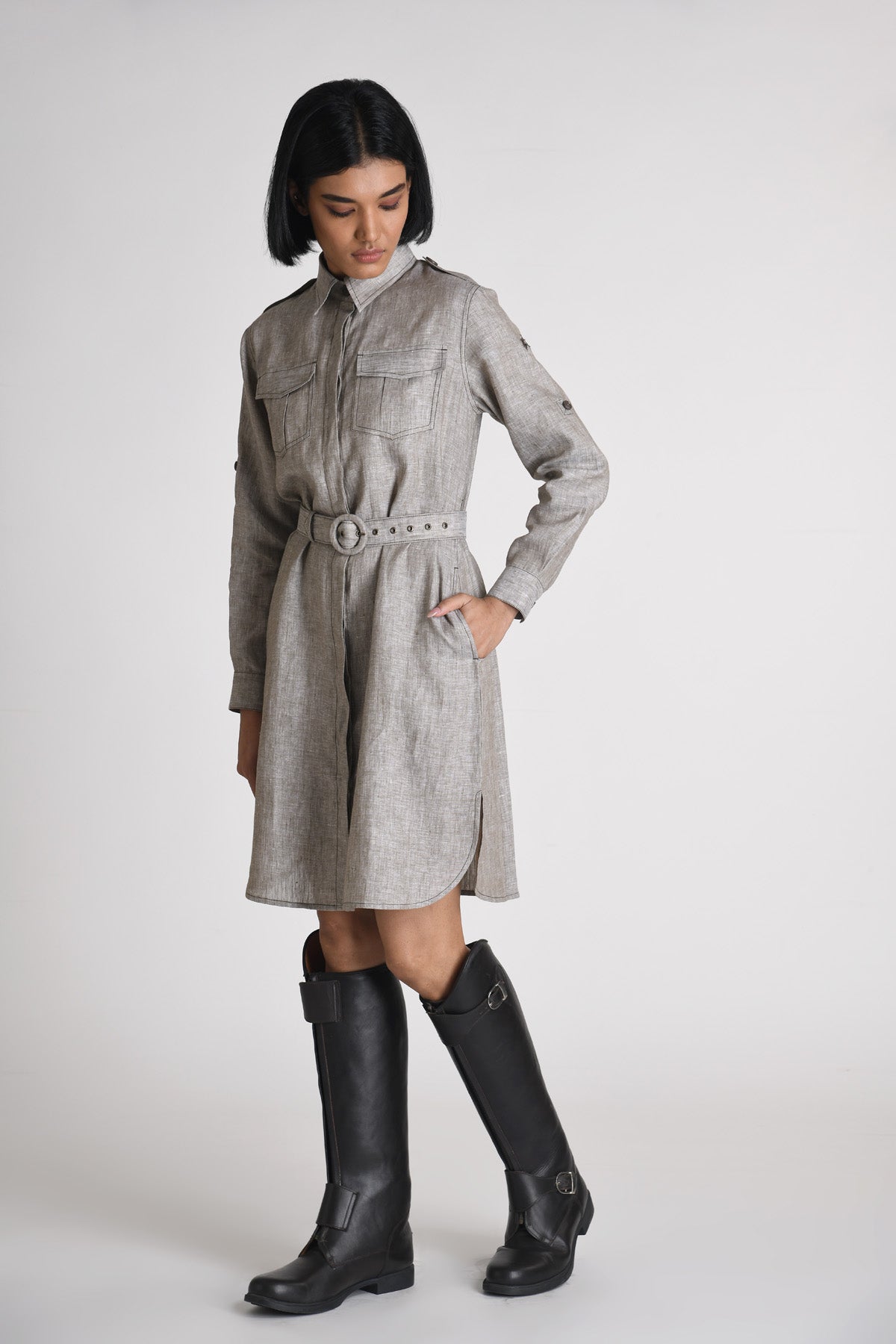 Double Flap Pocket Linen Dress