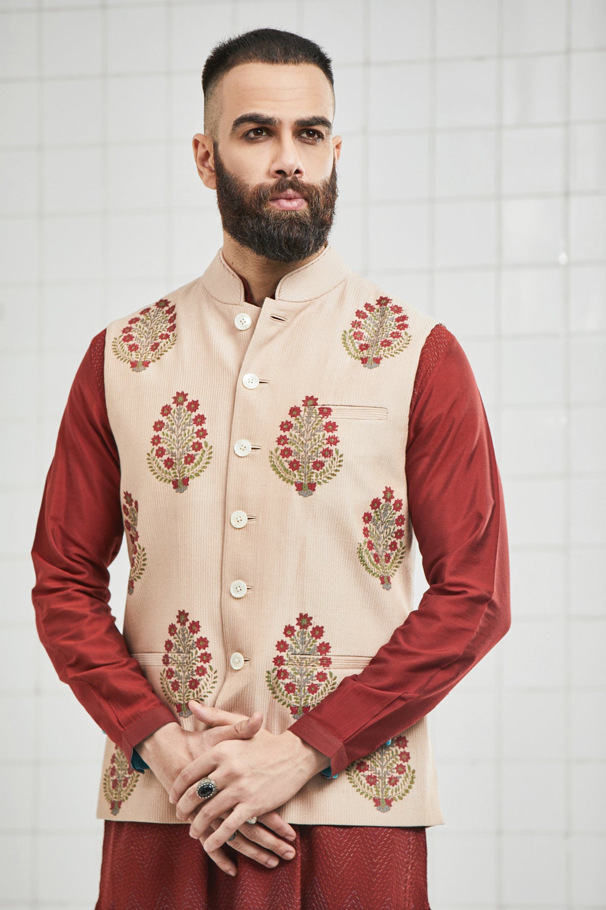 Bhoon pintuck Waistcoat with Hand Block Flower Motif Design